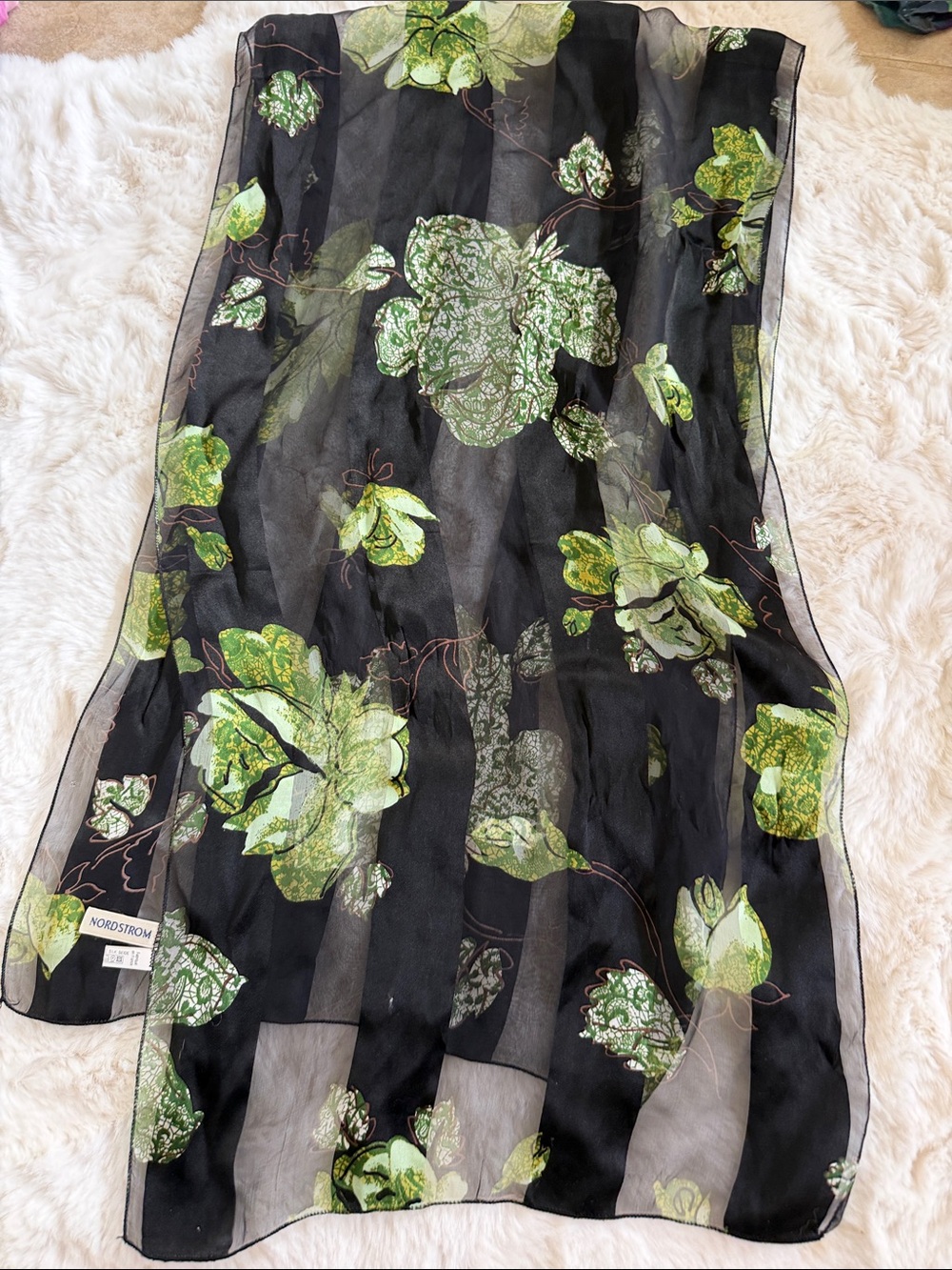 Nordstrom Silk scarf with Green Floral Motif 14”x 54”